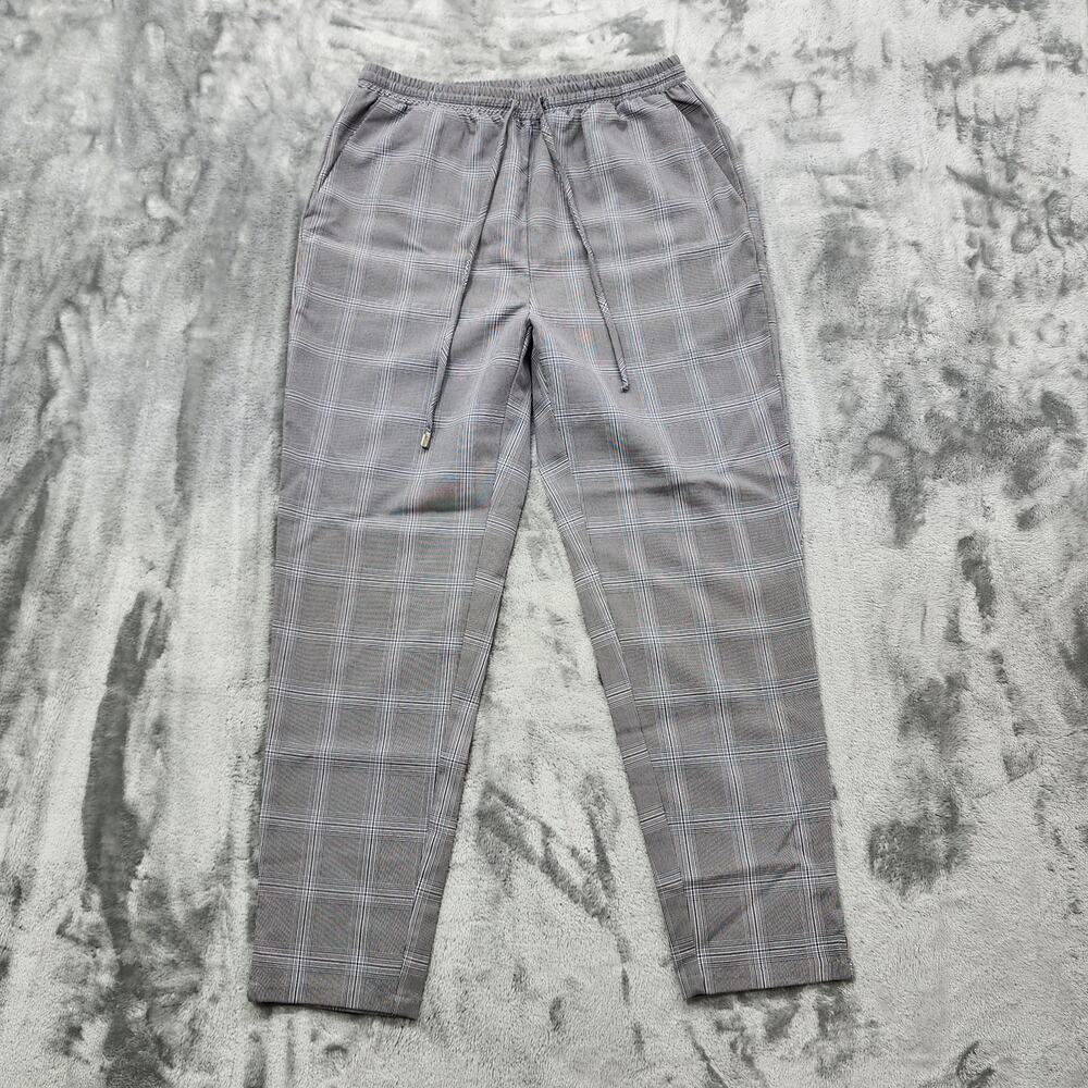 Essue Pants Womens M Black White Plaid Pull‎ On Tapered Ankle Drawstring Preppy